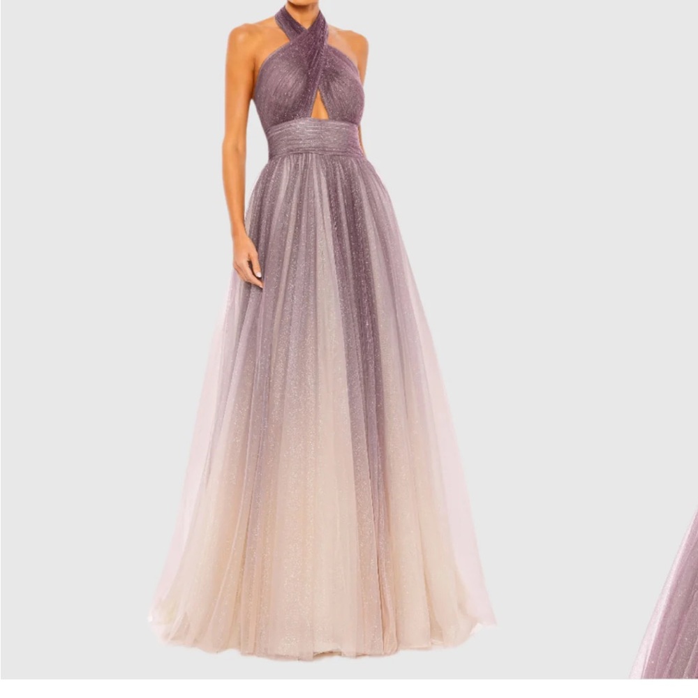Mac Duggal Purple and Cream Halter Gown
